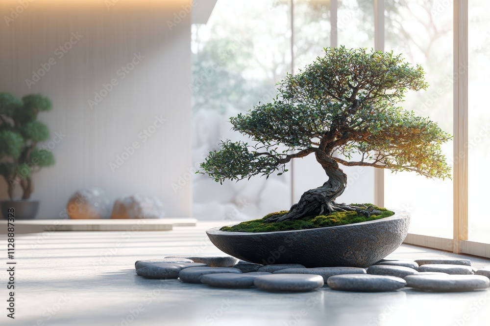Artistic showcase of a millennial gray bonsai tree in a modern interior high fidelity detail serene environment home decor concept Artistic showcase of a millennial gray bonsai tree in a modern interior high fidelity detail serene environment home decor concept