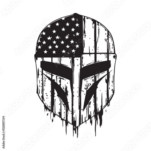 Black and white Ancient Knight Helmet with American Flag Pattern Vector Illustration on White Background