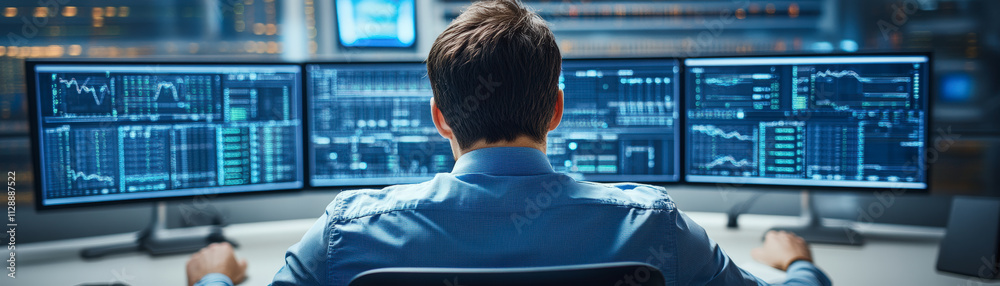 A person monitors financial data on multiple screens in a modern office, analyzing charts and graphs for market trends and investment insights. A person monitors financial data on multiple screens in a modern office, analyzing charts and graphs for market trends and investment insights.