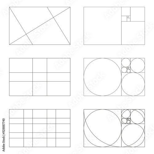 Golden ratio frames, rectangles. Method golden section. Set of harmony proportions grids. Fibonacci array, numbers. Outline graphic layout.