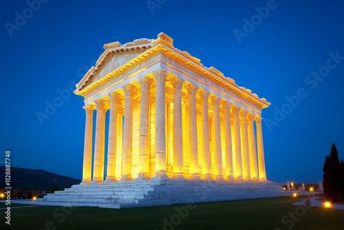 A night view of the Library of Celsus lit by soft yellow lights, showcasing its grandeur