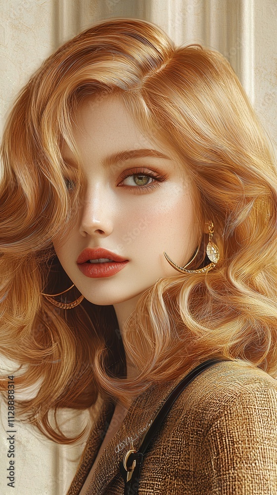 Elegant woman with wavy hair showcasing beauty in a stylish indoor ...