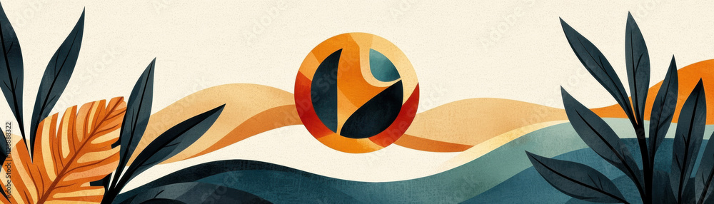 Reggae music African concept. A vibrant illustration featuring abstract shapes, earthy tones, and botanical elements, creating a harmonious natural scene.