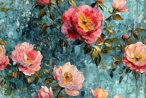 Bright floral artwork featuring pink peonies on a textured teal background