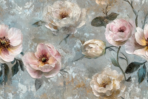 Beautiful arrangement of soft pink and cream flowers on a textured blue background