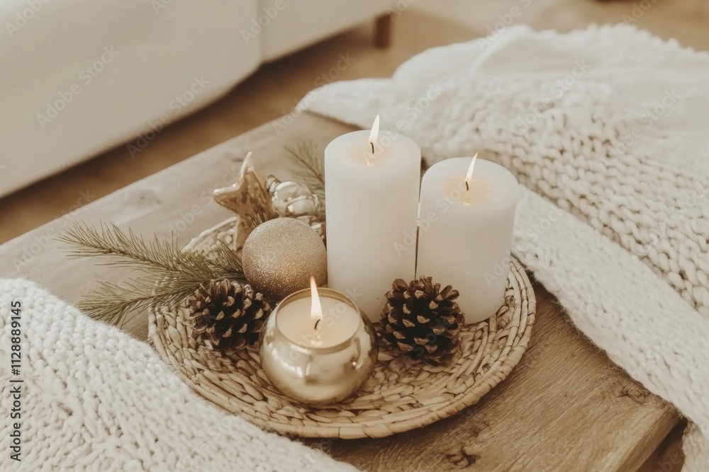 Festive holiday table centerpiece with candles and pinecones for cozy home decor Festive holiday table centerpiece with candles and pinecones for cozy home decor