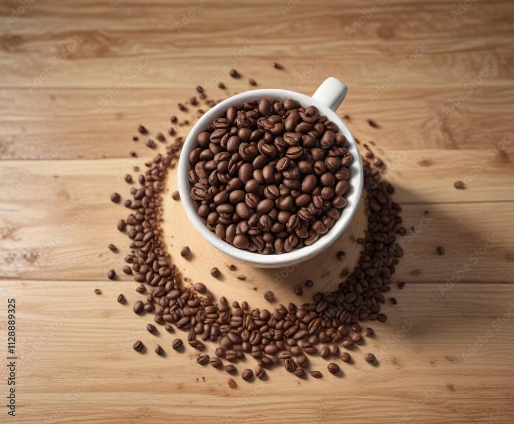 A cup with coffee beans scattered around it on a wooden table , table, breakfast, beverage A cup with coffee beans scattered around it on a wooden table , table, breakfast, beverage