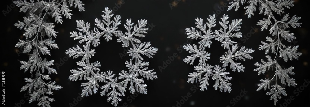 A delicate arrangement of artificial snowflakes and frosty glass beads forming a beautiful Christmas wreath against a black canvas, delicate , festive