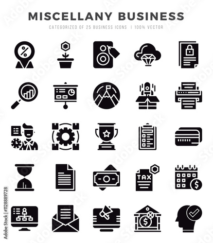 Miscellany Business icons Pack. Glyph icons set. Miscellany Business collection set.