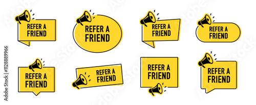 Megaphone with refer a friend speech bubble. Loudspeaker. Banner for business, marketing and advertising. Vector illustration.