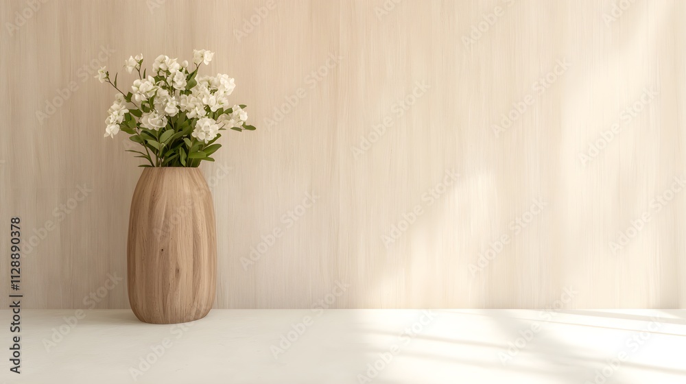 Elegant wooden vase with white flowers on minimalist table Elegant wooden vase with white flowers on minimalist table