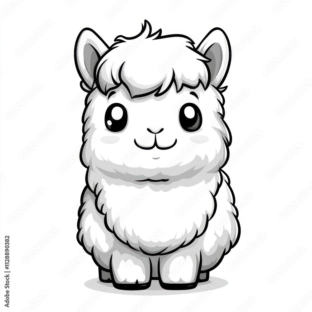 Naklejka premium Adorable cartoon alpaca illustration, cute fluffy white baby llama, happy animal.