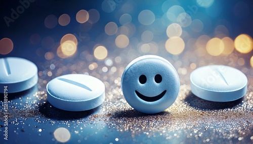 Antidepressant pills spread on a glittery party surface; a visual representation of post-holiday blues and seasonal mood disorders