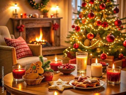 Cozy Christmas Party Scene in Warm Living Room Featuring Festive Decor, Delicious Treats, and Soft Lighting for a Perfect Holiday Gathering Atmosphere