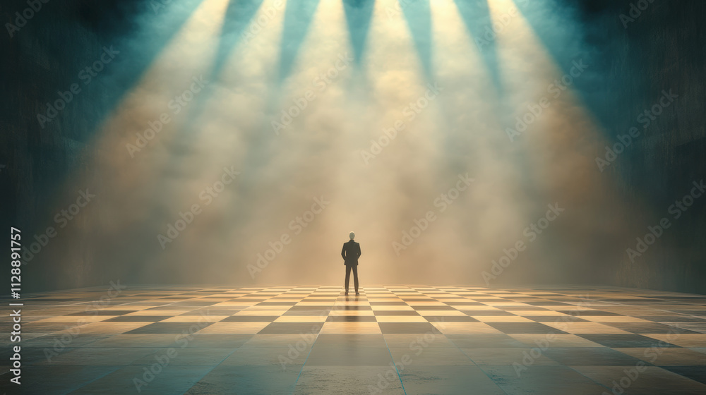 A solitary figure stands on a checkerboard floor, illuminated by dramatic beams of light, creating a mysterious and cinematic atmosphere. A solitary figure stands on a checkerboard floor, illuminated by dramatic beams of light, creating a mysterious and cinematic atmosphere.