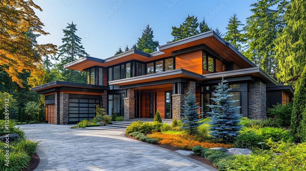 Contemporary luxury residence features geometric architecture with clean lines, complemented by landscaped garden, blue spruce trees and natural stone elements in sophisticated design. Contemporary luxury residence features geometric architecture with clean lines, complemented by landscaped garden, blue spruce trees and natural stone elements in sophisticated design.