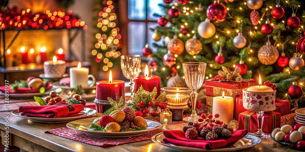 Cozy Christmas Table Setting with a Sparkling Tree in the Background, Featuring Festive Decorations, Warm Lighting, and Holiday Treats to Celebrate the Season Cozy Christmas Table Setting with a Sparkling Tree in the Background, Featuring Festive Decorations, Warm Lighting, and Holiday Treats to Celebrate the Season