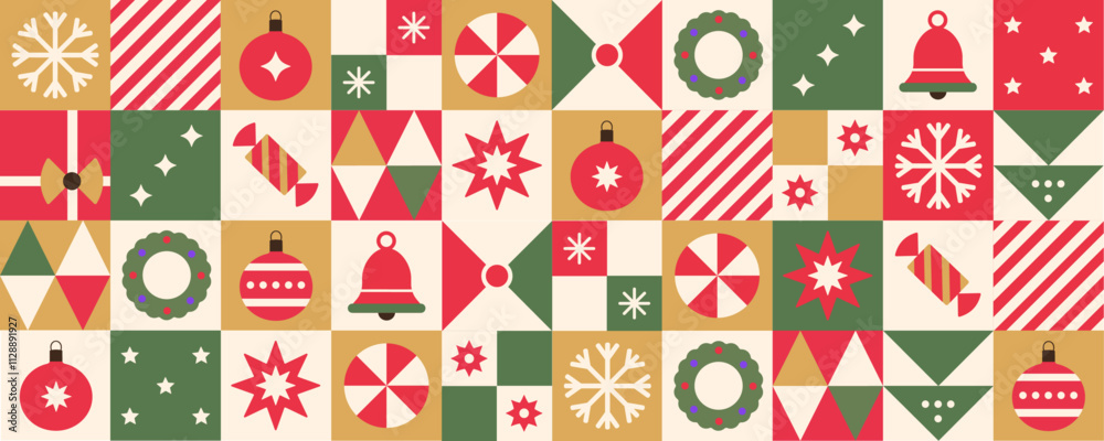 Christmas geometric seamless pattern with modern red, green, and gold holiday icons. It is contemporary and trendy for the holiday season, perfect for backgrounds, wrapping paper, and wallpaper. Christmas geometric seamless pattern with modern red, green, and gold holiday icons. It is contemporary and trendy for the holiday season, perfect for backgrounds, wrapping paper, and wallpaper.