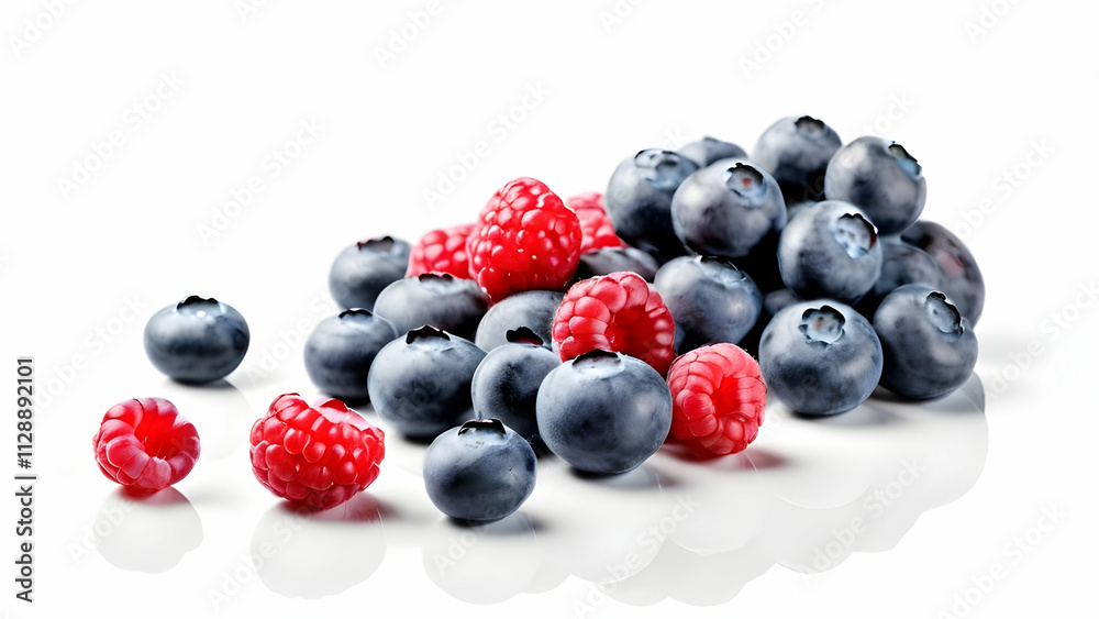 Raspberries and blueberries isolated on white background with copy space Raspberries and blueberries isolated on white background with copy space