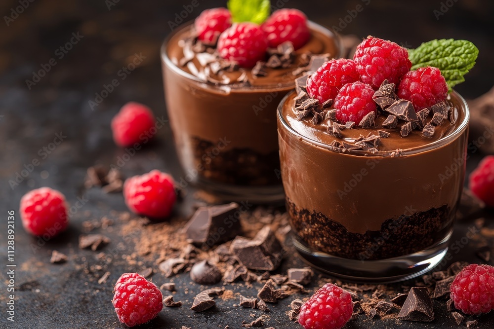 chocolate dessert, mousse, pudding with raspberry and mint on dark background chocolate dessert, mousse, pudding with raspberry and mint on dark background