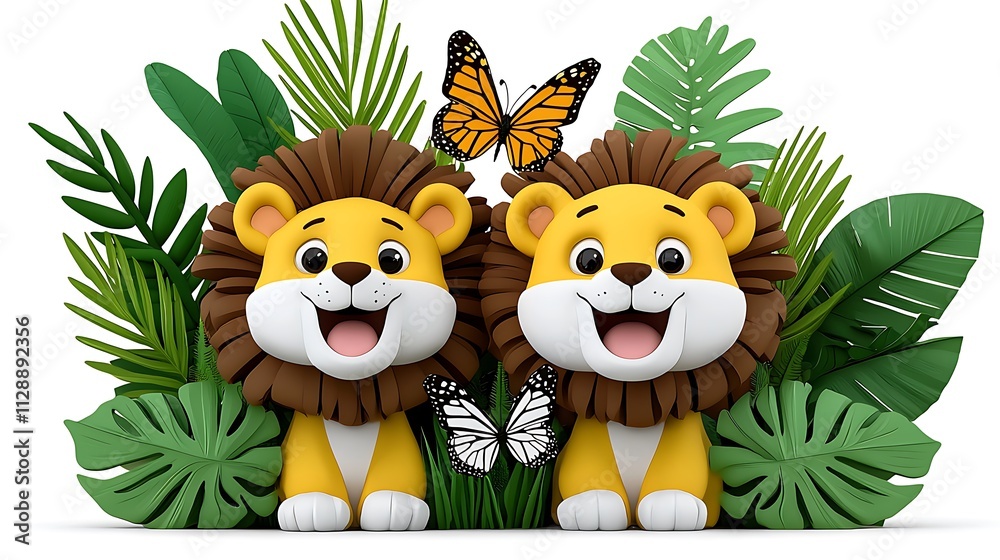 Playful Cartoon Lion Cubs in Colorful Jungle Setting Playful Cartoon Lion Cubs in Colorful Jungle Setting