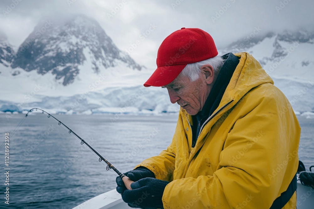 A cinematic close-up of an elderly fisherman adjusting a fishing rod on a small boat in Antarctica, red hat, yellow jacket, snow-covered peaks, cloudy sky 1 A cinematic close-up of an elderly fisherman adjusting a fishing rod on a small boat in Antarctica, red hat, yellow jacket, snow-covered peaks, cloudy sky 1
