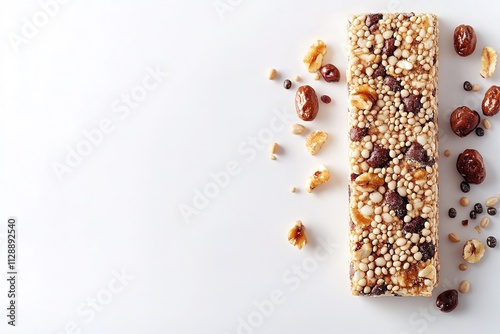 Top view of granola bar with nuts and fruits on white.