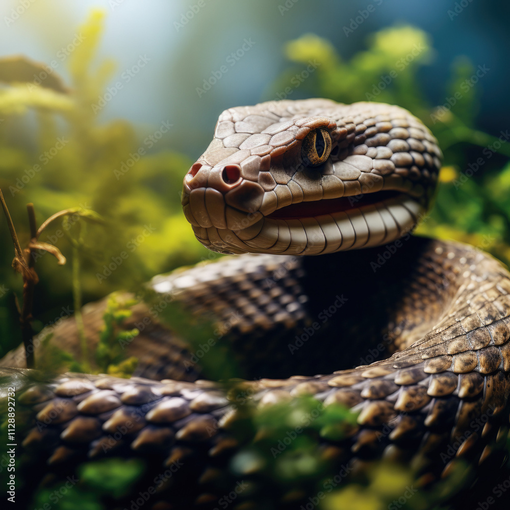 Fototapeta premium Detailed close-up of a mocha-colored snake blending with its natural surroundings in the wilderness, showcasing its earthy tones and intricate scales.