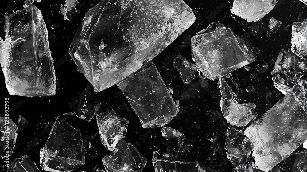 A close-up of ice shards scattered on a black background, their smooth and jagged textures catching faint beams of light