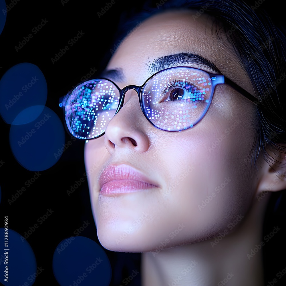 Woman with futuristic glasses reflecting digital patterns Woman with futuristic glasses reflecting digital patterns