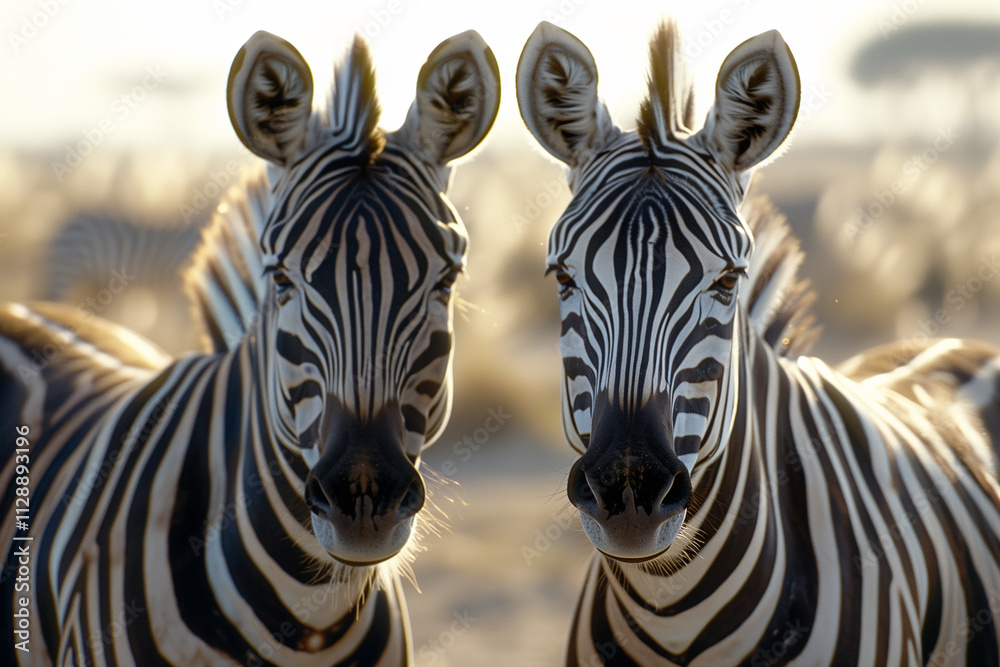 Naklejka premium Two zebras looking straight at the viewer.