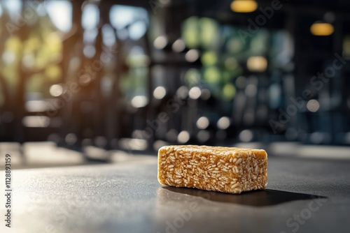 Sunlit cereal bar on gym floor implying healthy lifestyle choice photo