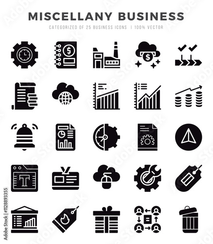 Miscellany Business icons set. Collection of simple Glyph web icons.