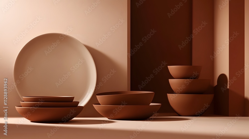 A Collection of Elegant Brown Bowls Arranged Artistically on a Rustic Wooden Table, Showcasing Unique Textures and Warmth, Perfect for Culinary Use Pantone2025