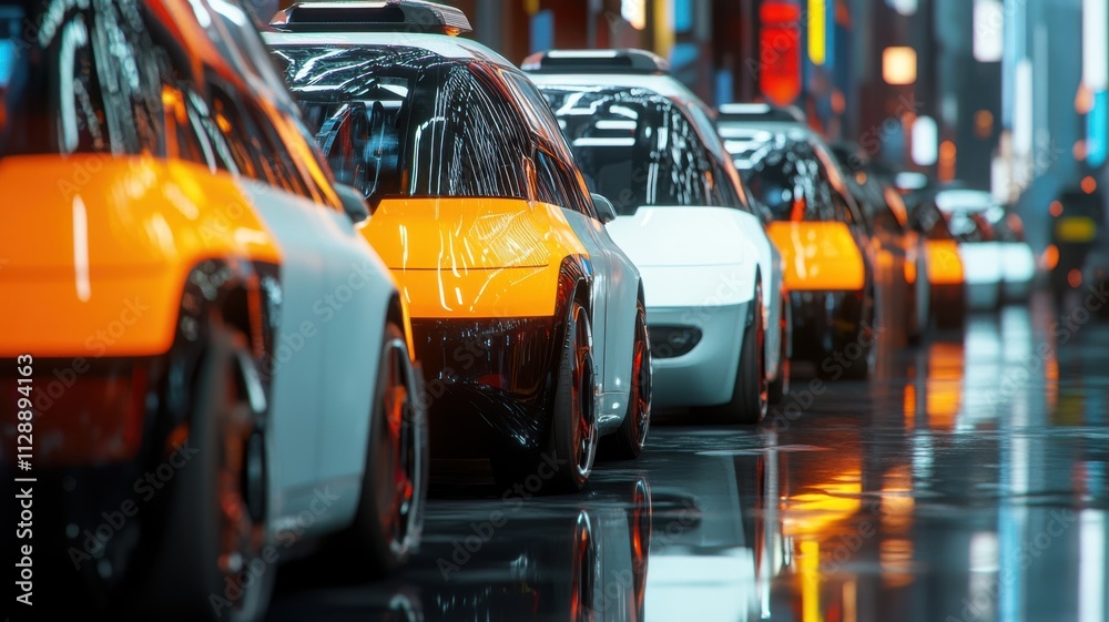 Autonomous taxis lined up in modern cityscape, future of urban transit. Robotic cars