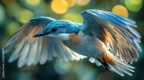 Vibrant Blue Bird in Flight With Outstretched Wings Against a Soft Bokeh Background, Showcasing Nature's Beauty and Grace in a Captivating Moment