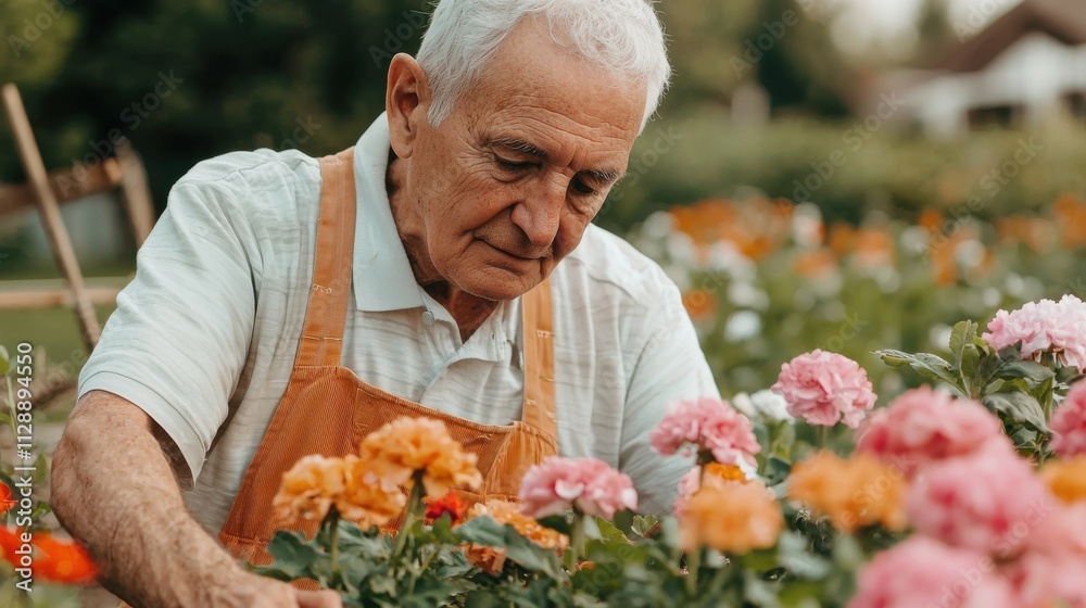 Senior Man Tending to Flowers in Retirement Garden