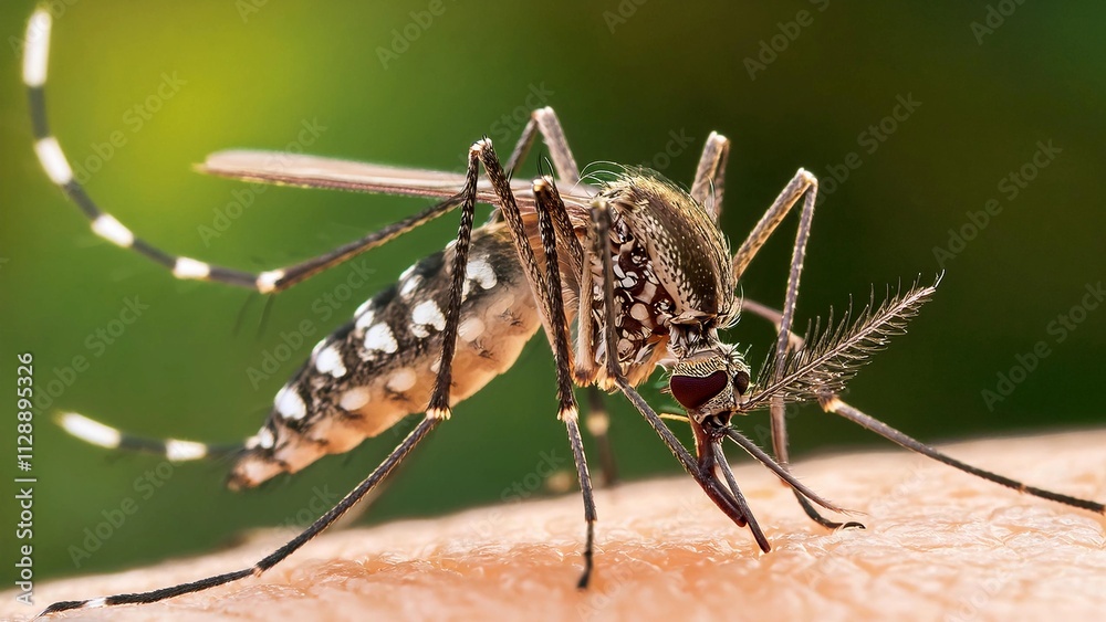 Fototapeta premium Close up mosquito drinks blood out of man body.