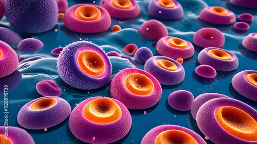 3D Illustration of Colorful Biological Cells with Detailed Nuclei in a Microscopic Environment

 photo