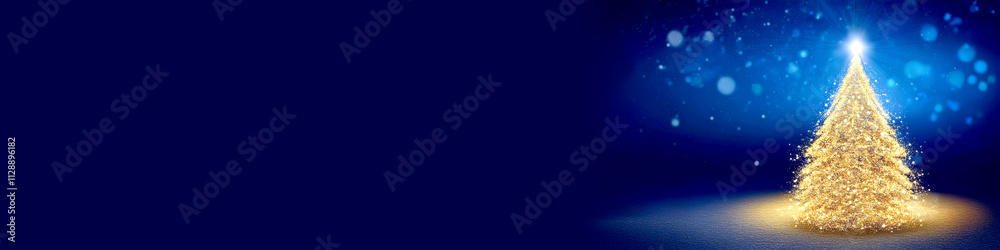 Goldener Zauber, Tannenbaum, Blauer Hintergrund Goldener Zauber, Tannenbaum, Blauer Hintergrund