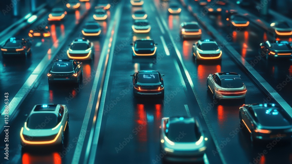 Obraz premium Robotic cars in sync on busy highway, showcasing flawless autopilot systems. Robotic cars