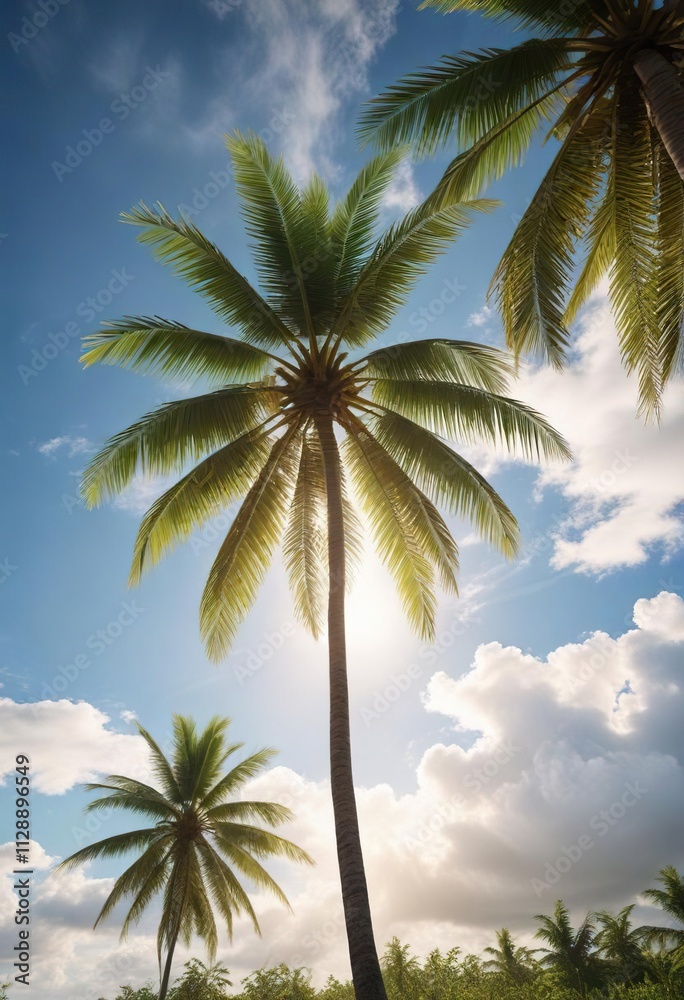 Coconut tree against a bright and sunny morning sky with clouds, tropical landscape, morning light Coconut tree against a bright and sunny morning sky with clouds, tropical landscape, morning light