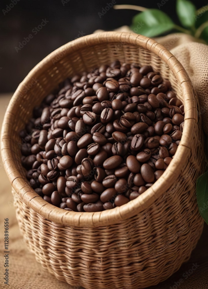 Fototapeta premium Coffee beans in a wicker basket with natural fibers, coffee processing, farm fresh produce, coffee drying