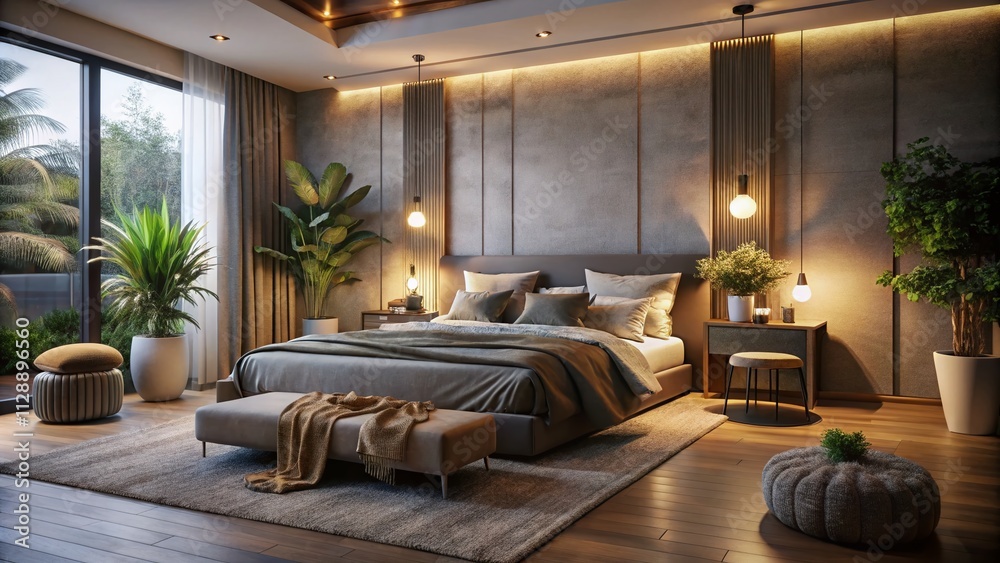 Fototapeta premium Cozy Night Photography of a Modern Bedroom Interior with Soft Lighting, Stylish Decor, and Warm Textiles Creating a Relaxing Ambience for Restful Sleep and Serenity