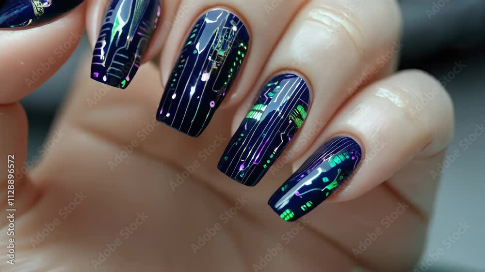 Woman showcasing a stunning microcircuit manicure design featuring dark blue polish accented with vibrant neon green and pink lines, blending beauty with futuristic technology