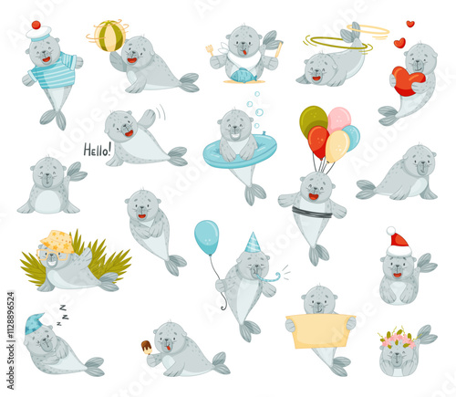 Gray Fur Seal Funny Animal with Fin Vector Set