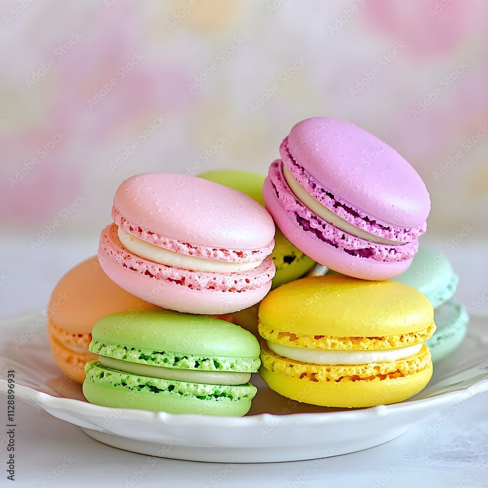 Colorful French Macarons on a White Plate with Soft Pastel Background in a Bright and Cheerful Setting Colorful French Macarons on a White Plate with Soft Pastel Background in a Bright and Cheerful Setting