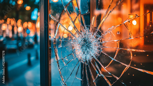 Broken glass window creates spider web pattern against city night lights