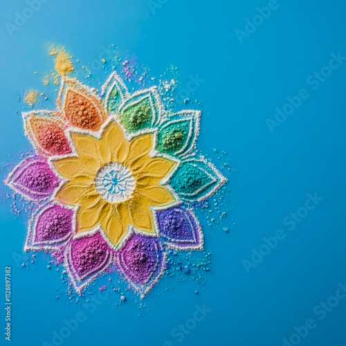 Top view of a vibrant Diwali rangoli design made of colored powder, placed on a solid blue background, photo