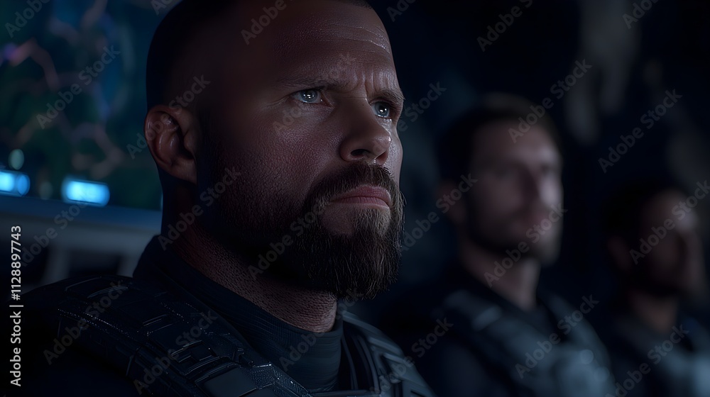 Intense focus in a futuristic command center Intense focus in a futuristic command center